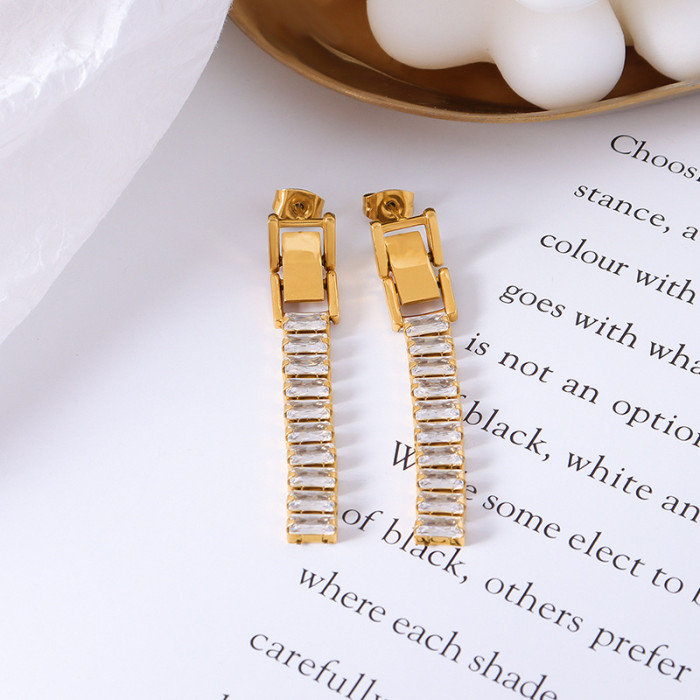 Luxury Zircon Stainless Steel Earrings Gold Jewelry Long Rectangle Shiny Cubic Zirconia Tassel Drop Earrings For Women Party