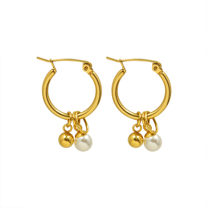 Simulated Pearl Steel Ball Rose Gold Color Hoop Earrings for Women New Sale Hot