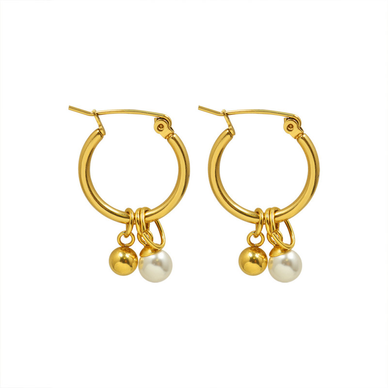 Simulated Pearl Steel Ball Rose Gold Color Hoop Earrings for Women New Sale Hot