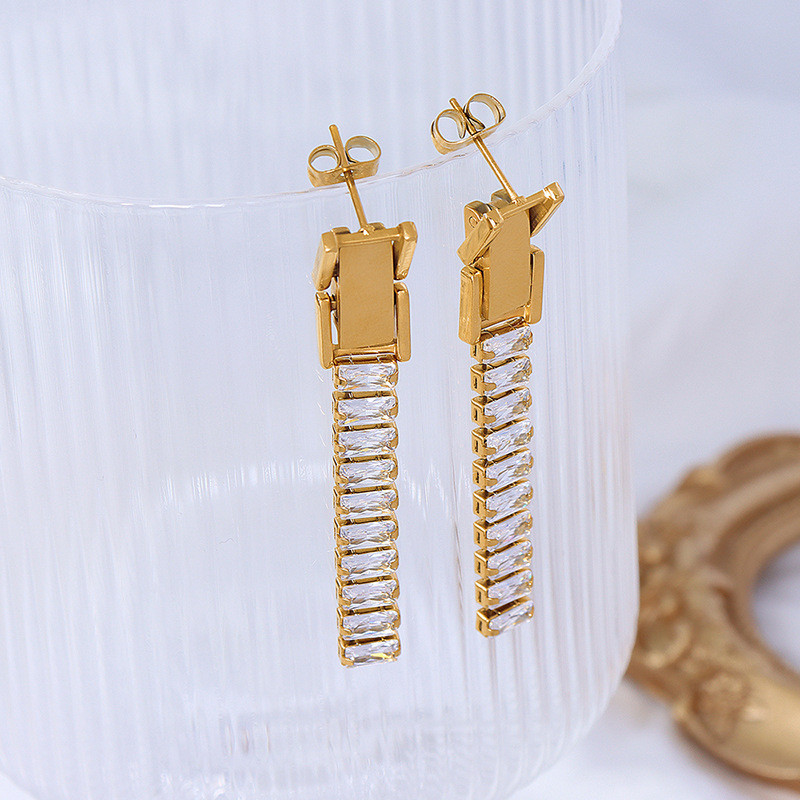 Luxury Zircon Stainless Steel Earrings Gold Jewelry Long Rectangle Shiny Cubic Zirconia Tassel Drop Earrings For Women Party