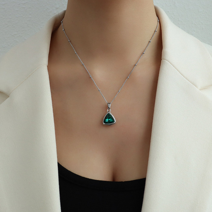 Green Cubic Zirconia Earrings Necklace Set for Women Geometric Triangle Crystal Drop Earring Wedding Bridesmaid Jewelry
