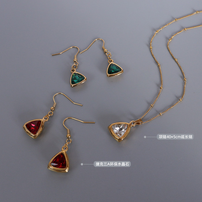 Green Cubic Zirconia Earrings Necklace Set for Women Geometric Triangle Crystal Drop Earring Wedding Bridesmaid Jewelry
