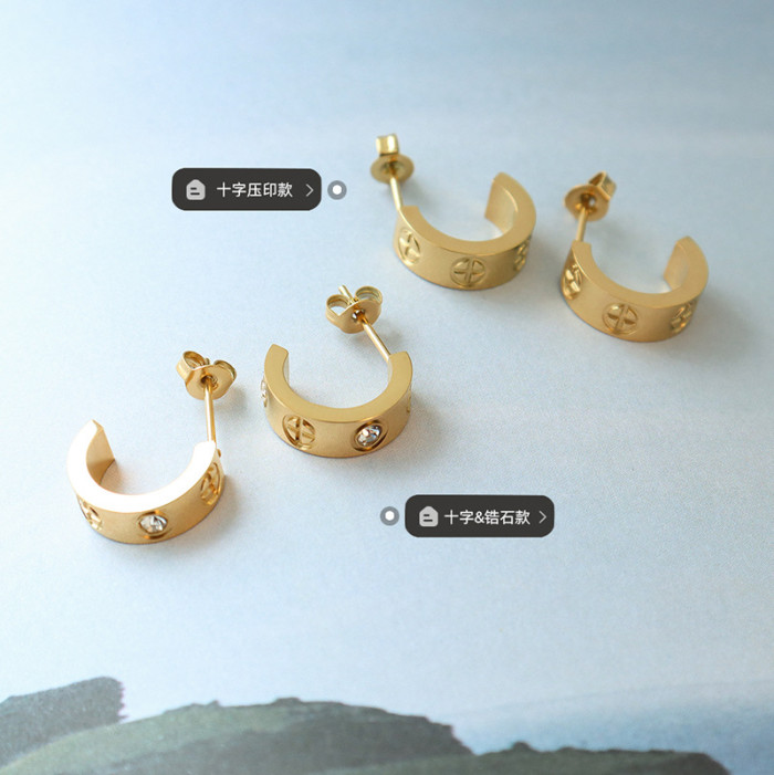 Cross Screw Earrings Zircon Stainless Steel C Shaped Love Earrings Stud Luxury Jewelry For Women Men Rose Gold Silver Color Gift