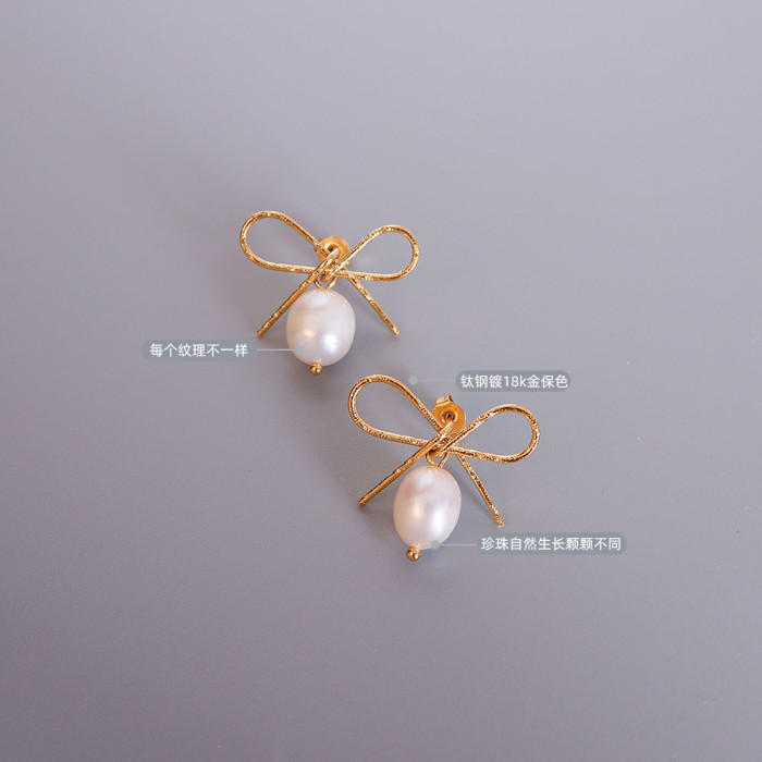 Summer Autumn Cute Vintage Personality Pearl Bow Flower Stud Earrings For Women Girls Fashion Charm Jewelry