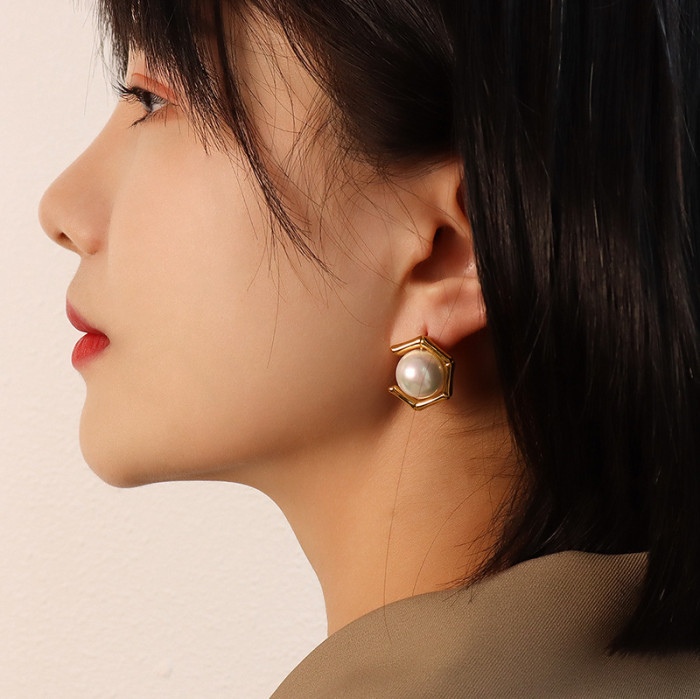 Fashion Hollow Line Open Hexagon Pearl Inlaid Earring Cut Out Hexagon Earring Simple Elegant Geometric Earrings