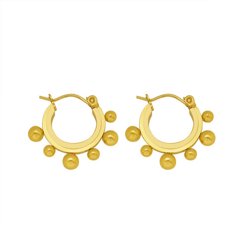 Stainless Steel Round Bead Hoop Earrings Stylish Metalic Gold Color Small Earrings Girls Office Gift