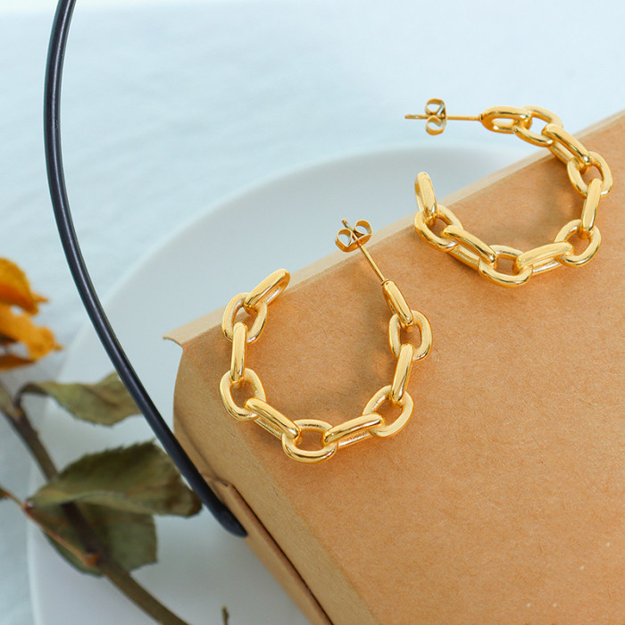 Geometric Hollow Curb Chain C Shaped Earrings Gold Color Stainless Steel Hoop Earring For Women Daily Jewelry