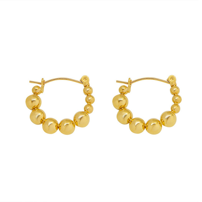 Stainless Steel Bead Hoop Earrings Simple Gold 18 K Plated Round Hollow Earrings Party Gift New
