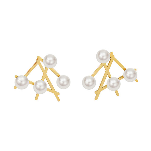 New Cute Elegant Simulated Pearl Geometric Stud Earrings For Women Irregular Cross Metal Jewelry Gift