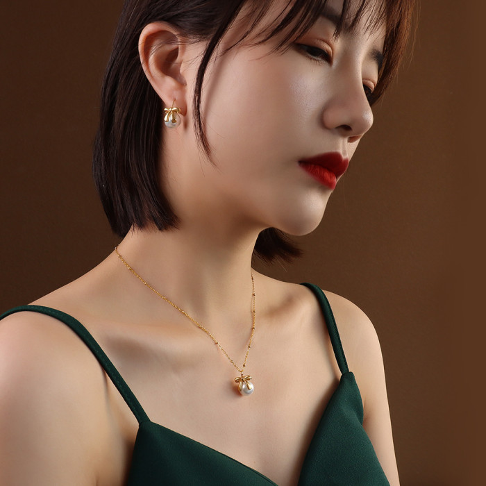 Korean High end Fashion Charm Harmonie Imitation Pearl Bow Earrings Female Jewelry Wholesale Earing