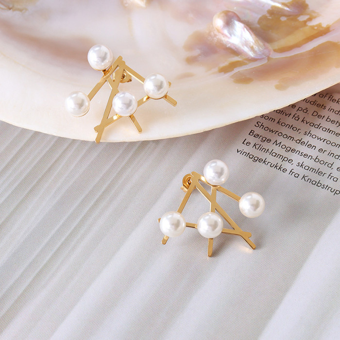 New Cute Elegant Simulated Pearl Geometric Stud Earrings For Women Irregular Cross Metal Jewelry Gift