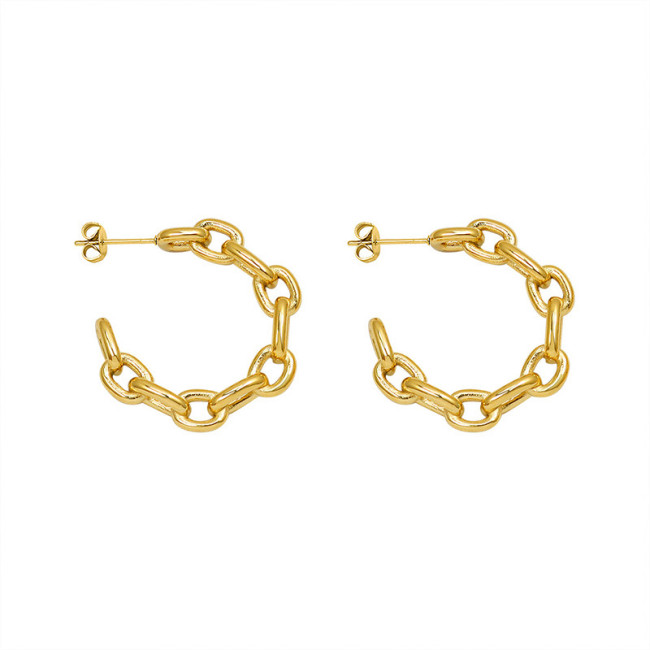 Geometric Hollow Curb Chain C Shaped Earrings Gold Color Stainless Steel Hoop Earring For Women Daily Jewelry