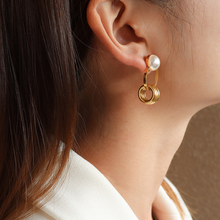 Japan Korea New Metal Circle Simulated Pearl Earrings For Women Fashion Long Pendientes