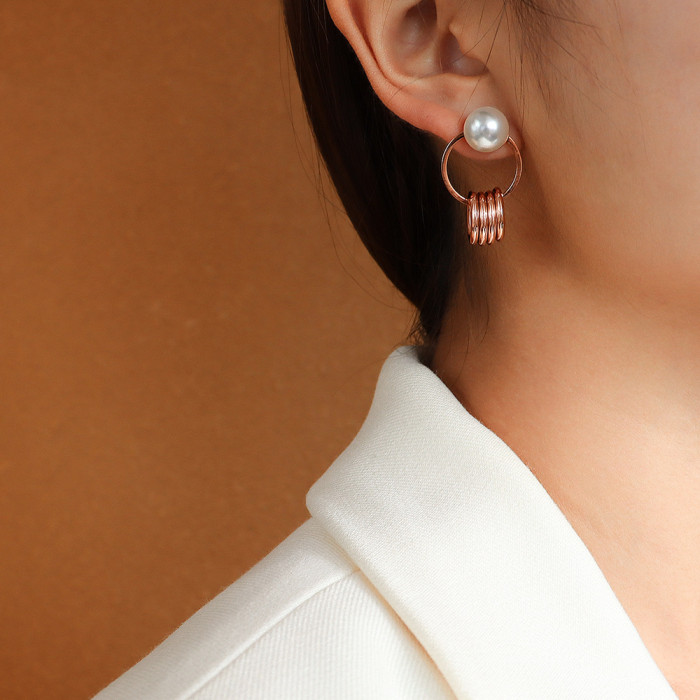 Japan Korea New Metal Circle Simulated Pearl Earrings For Women Fashion Long Pendientes
