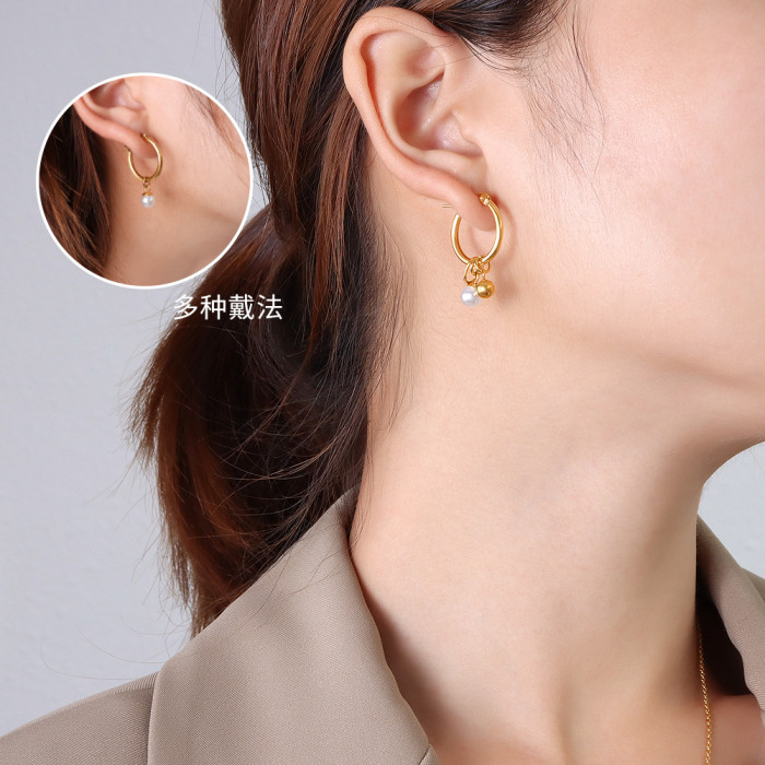 Simulated Pearl Steel Ball Rose Gold Color Hoop Earrings for Women New Sale Hot