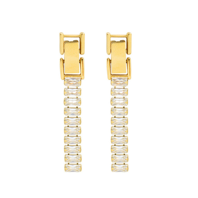 Luxury Zircon Stainless Steel Earrings Gold Jewelry Long Rectangle Shiny Cubic Zirconia Tassel Drop Earrings For Women Party