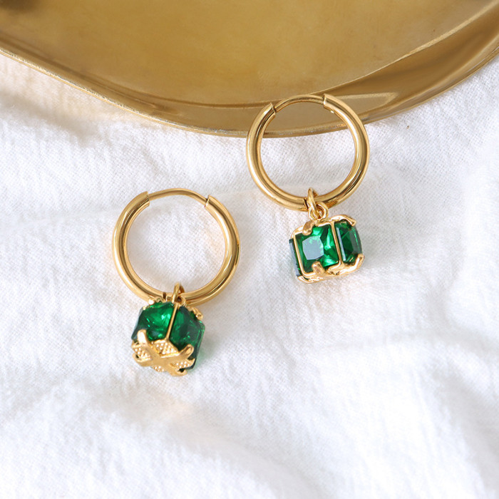 Gold Silver Filled Hoop Earring Fashion Circle Green Square Pendant Huggie Earrings CZ Zircon Aretes Jewelry Wholesale