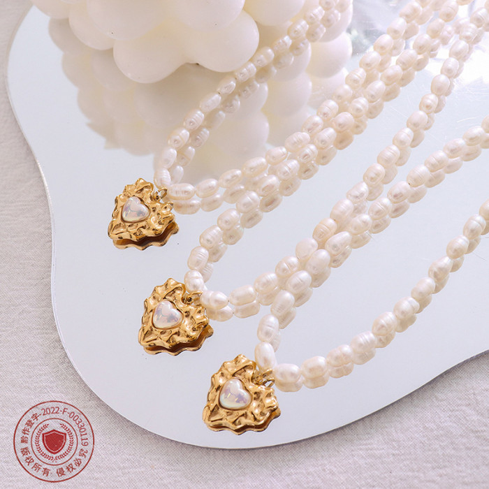 Romantic Lovely Heart Stud Earrings Necklace Set for Women White Pearl Stone Transparent Fashion Jewelry Wholesale