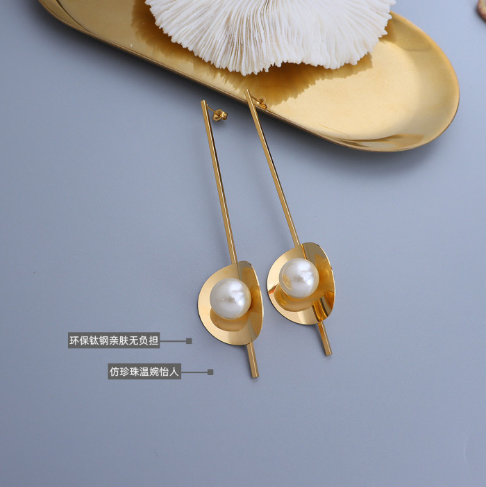 Creative Antiques Gold Color Disc Long Imitation Pearl Earrings Vintage Metal Geometry Drop Dangle Earring