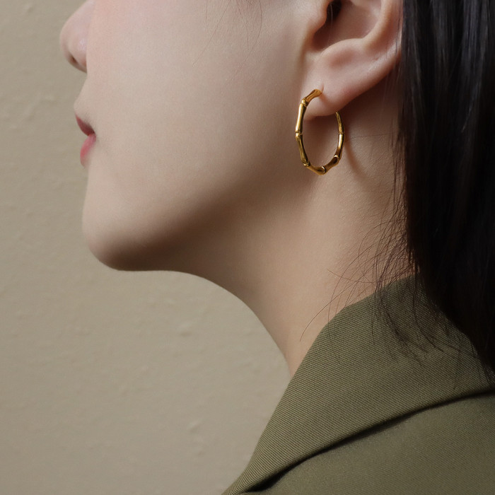 Golden Bamboo Brass Hoop Earrings For Women Large Circle Hoops C Shape Statement Earrings Unique Metal Jewelry