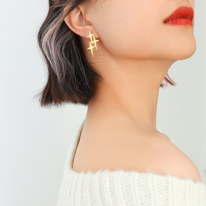 Steel Gold Color  Three Stars Stud Earrings Gorgeous Women Classic Piercing