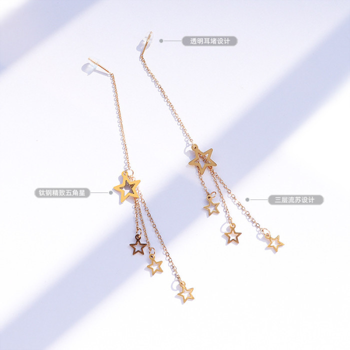 Geometric Shining Star Tassel Earrings Long Style Elegant Fashion Banquet Party Golden Earrings Dangle Jewelry Women