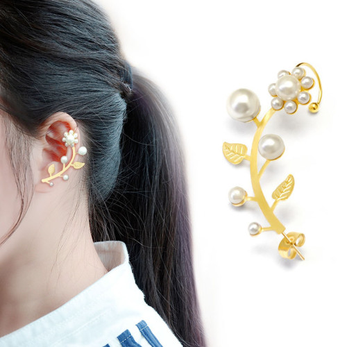 Korean Elegant Pearl Flower Arc Clip Earrings Women No Cuff Metal Ear Piercing Twist Fashiob Gifts Jewelry