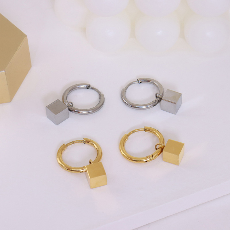 Geometric Square Tiny Cube Hoop Earring for Women Authentic Anti Allergy Ear Pin Fine Jewelry Kids Gift