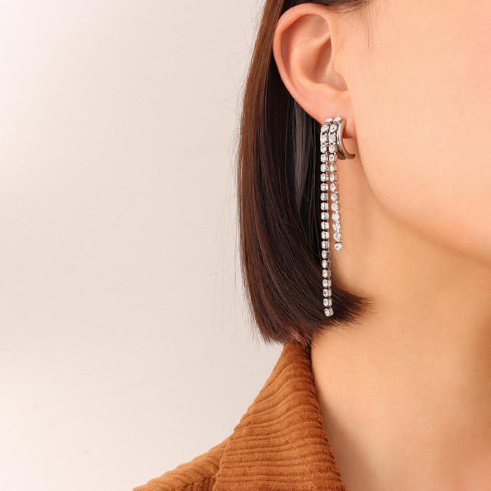 2022 New Fashion Zircon Shining C Shape Long Tassel  Earrings Female Design Simple Earring Party Jewelry