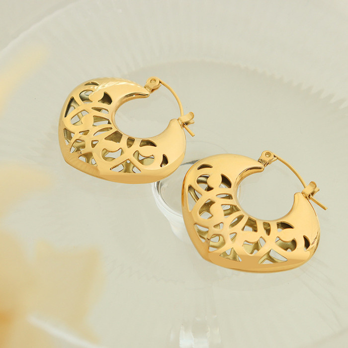 Hot Stainless Steel 18K Gold Plated Unique Hollow Out Heart Hoop Earrings For Women Simple Jewelry Waterproof