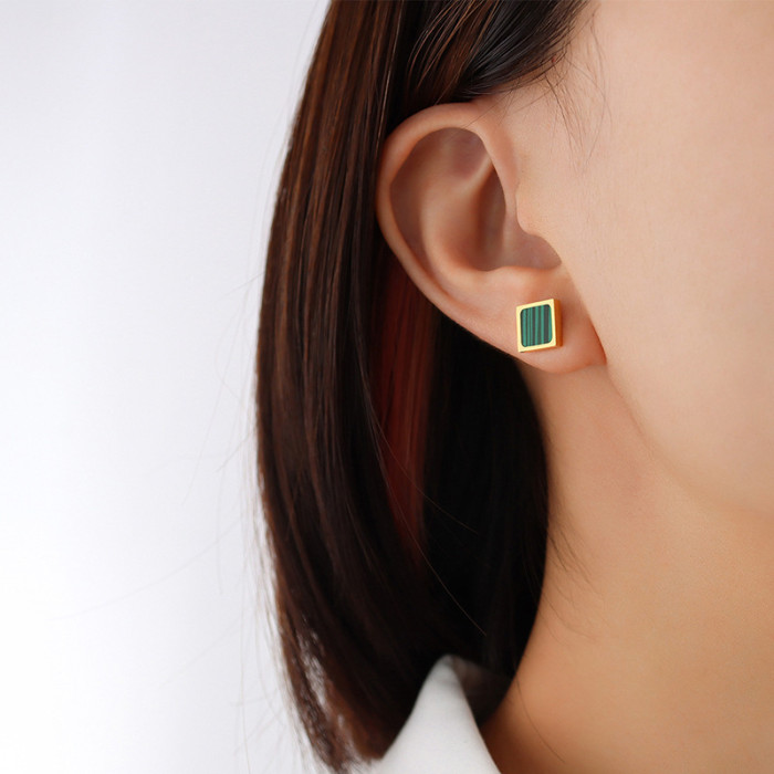 Gold color Green Malachite Square stud Earrings for Women New Ins Popular Copper Metal Fashion Earrings Drop shipping