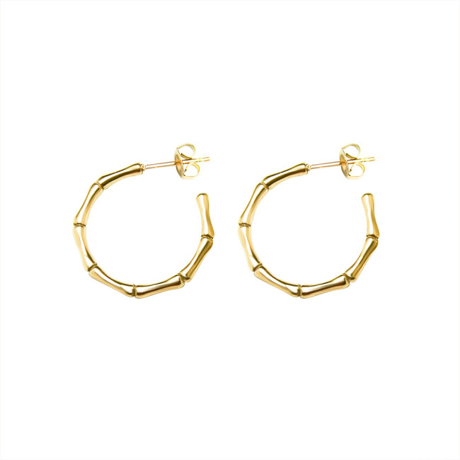 Golden Bamboo Brass Hoop Earrings For Women Large Circle Hoops C Shape Statement Earrings Unique Metal Jewelry