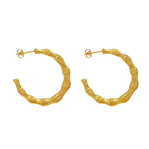 C Shape Geometric Bamboo Earrings Textured Medium Hoop Earrings for Women Minimalist Brass Gold Earrings