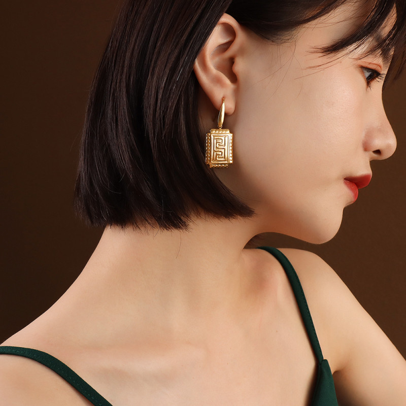 Ethnic Gold Shield Square Earrings for Women Vintage Silver Color Hook Dangle Earrings Christmas Gift