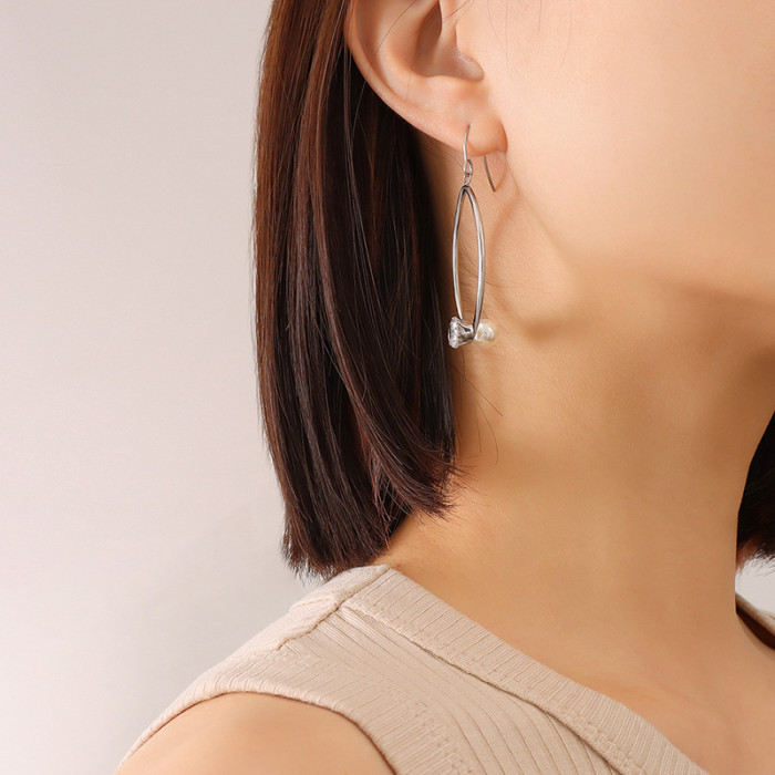 Trendy Stainless Steel Large Hoop Earrings Oval Circle Zircon Inlaid  Earrings for Women Ladies Fashion Jewelry Wholesale