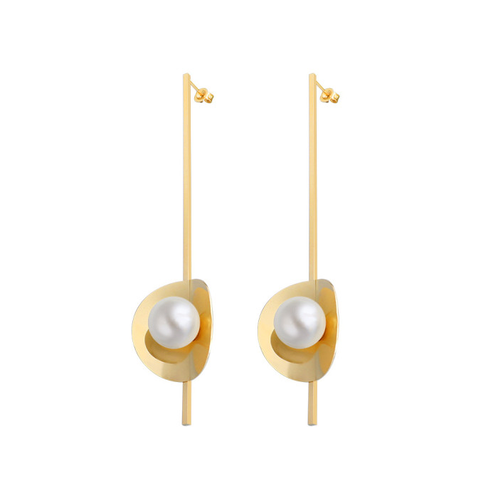 Creative Antiques Gold Color Disc Long Imitation Pearl Earrings Vintage Metal Geometry Drop Dangle Earring