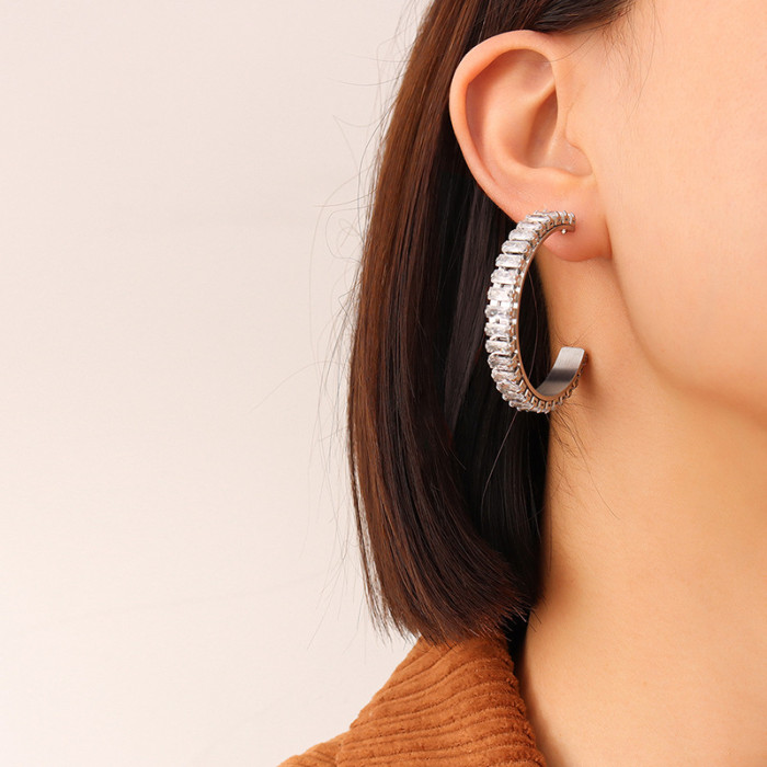 Super Shiny High Quality Zircon C Shaped Earrings for Women European Fashion Full Diamond Ear Rings