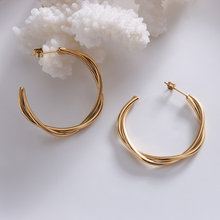 New Stainless Steel Jewelry C Shaped Twist Geometric Texture Stud Earrings Titanium Steel Gold Earrings For Women