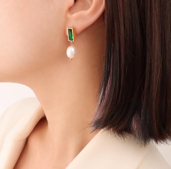 New Fashion Sweet Pearl Wild High End Pendant Earrings Elegant Simple Geometric Malachite Square Ladies Earrings Atmosphere