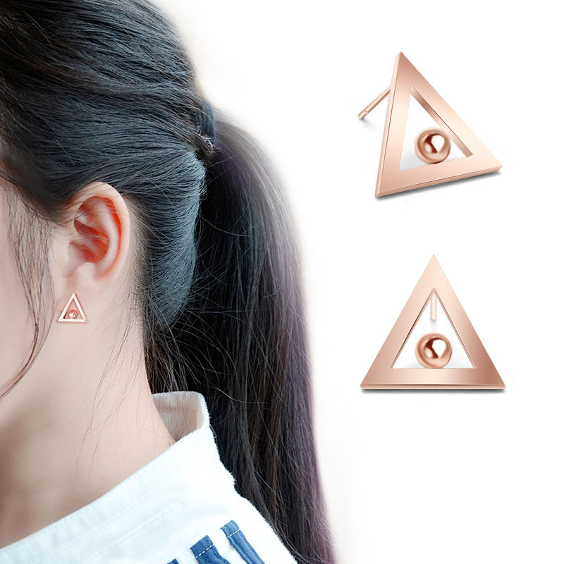 Women Fashion Earrings Jewelry Triangle Geometric with Beads Silver Color Stud Earring Piercing