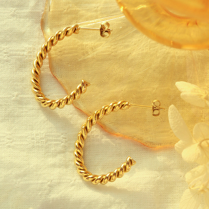 Twisted Gold Color Metal Spiral Hoop Earring Semi Circle Titanium Steel Waterproof C Shaped Hoops Weave Golden Jewelry
