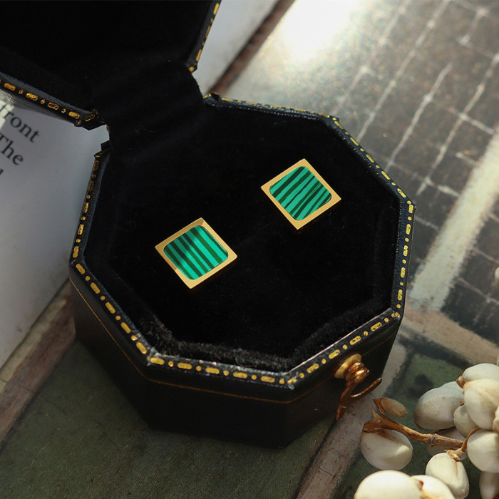 Gold color Green Malachite Square stud Earrings for Women New Ins Popular Copper Metal Fashion Earrings Drop shipping