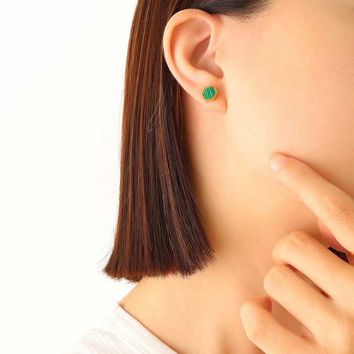 Small Stud Earrings for Women Vintage Geometric Square Hexagon Green Stud Gold Color Stainless Steel Earrings