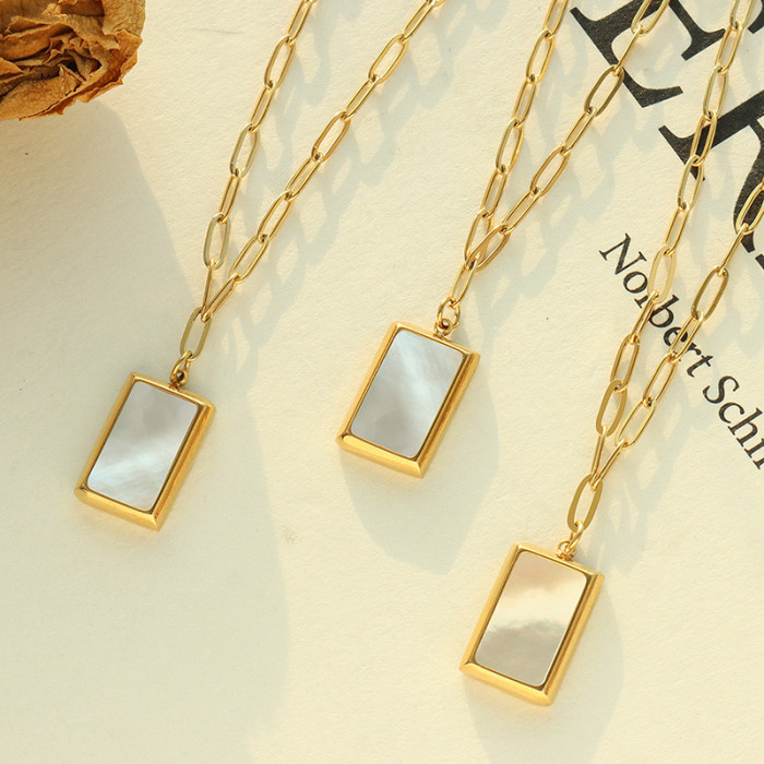 Trendy White Shell Square Pendant Necklace Stainless Steel Chain Necklace 18K Gold Plated for Women Geometric Jewelry Collar
