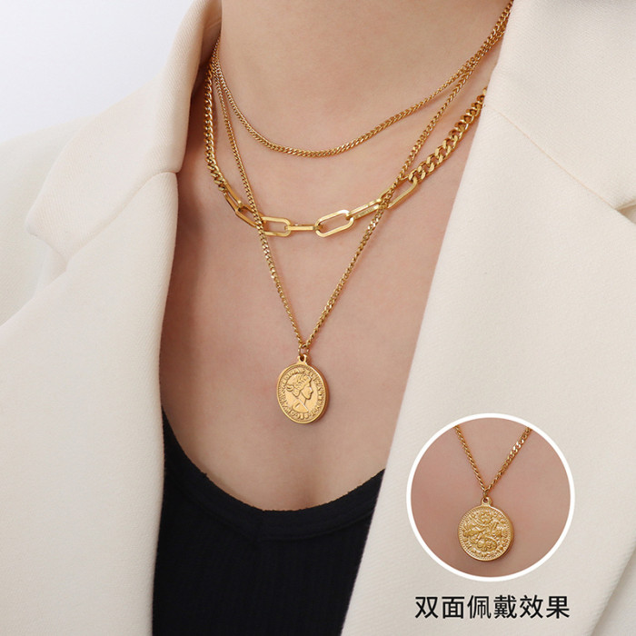 Retro 18K Gold Stainless Steel Necklace Multi Layered Portrait Queen's Head Coin Pendant Three Layer Necklace
