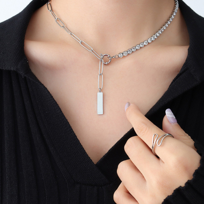 Romantic Chic Cool Zircon Patchwork Necklace for Women Pendant Chain Titanium Steel Jewelry