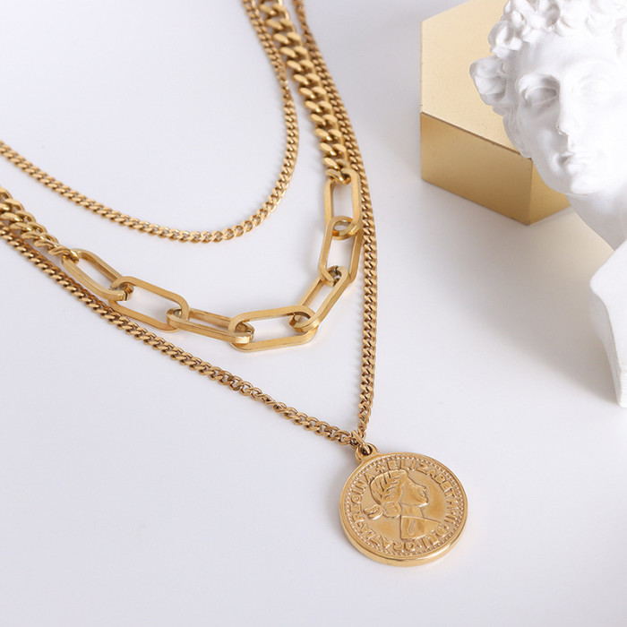 Retro 18K Gold Stainless Steel Necklace Multi Layered Portrait Queen's Head Coin Pendant Three Layer Necklace