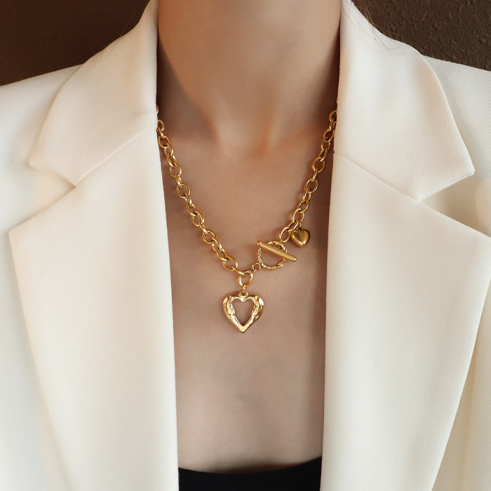 Punk Thick Chain Heart Shape Pendant Short Choker Necklace for Women Retro INS Silver Color Metal Necklace Jewelry