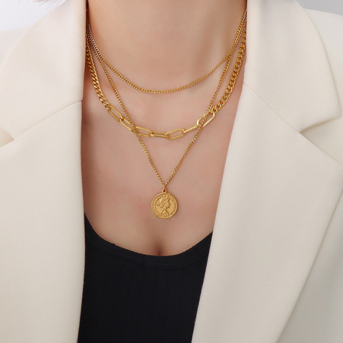 Retro 18K Gold Stainless Steel Necklace Multi Layered Portrait Queen's Head Coin Pendant Three Layer Necklace