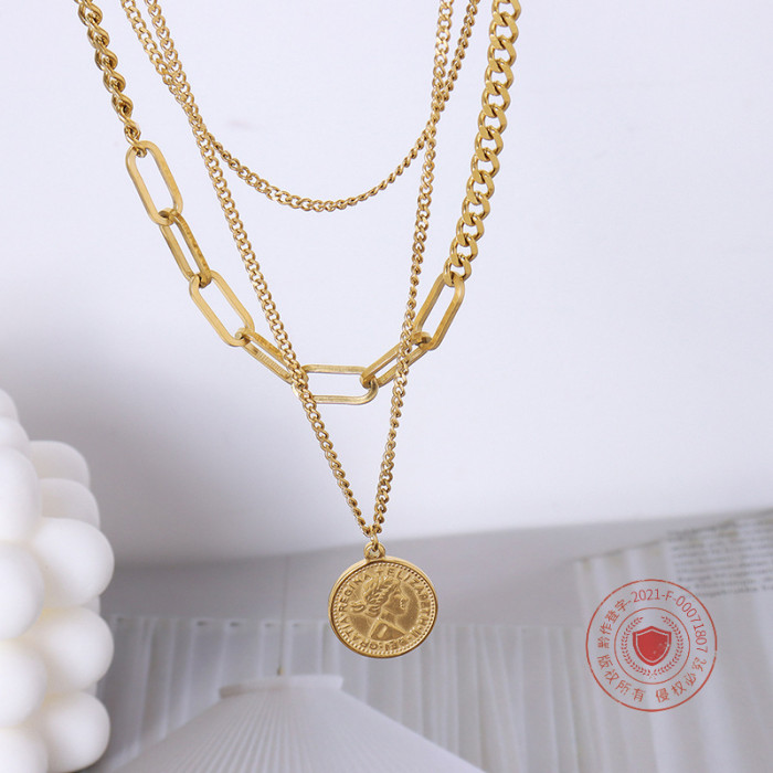 Retro 18K Gold Stainless Steel Necklace Multi Layered Portrait Queen's Head Coin Pendant Three Layer Necklace